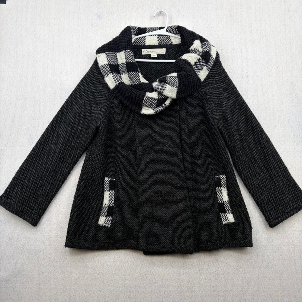 Curio New York Womens M Gray Knit Plaid Cowl Neck Open Front Cardigan Sweater